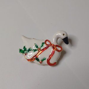 White Enamel Christmas Goose Brooch